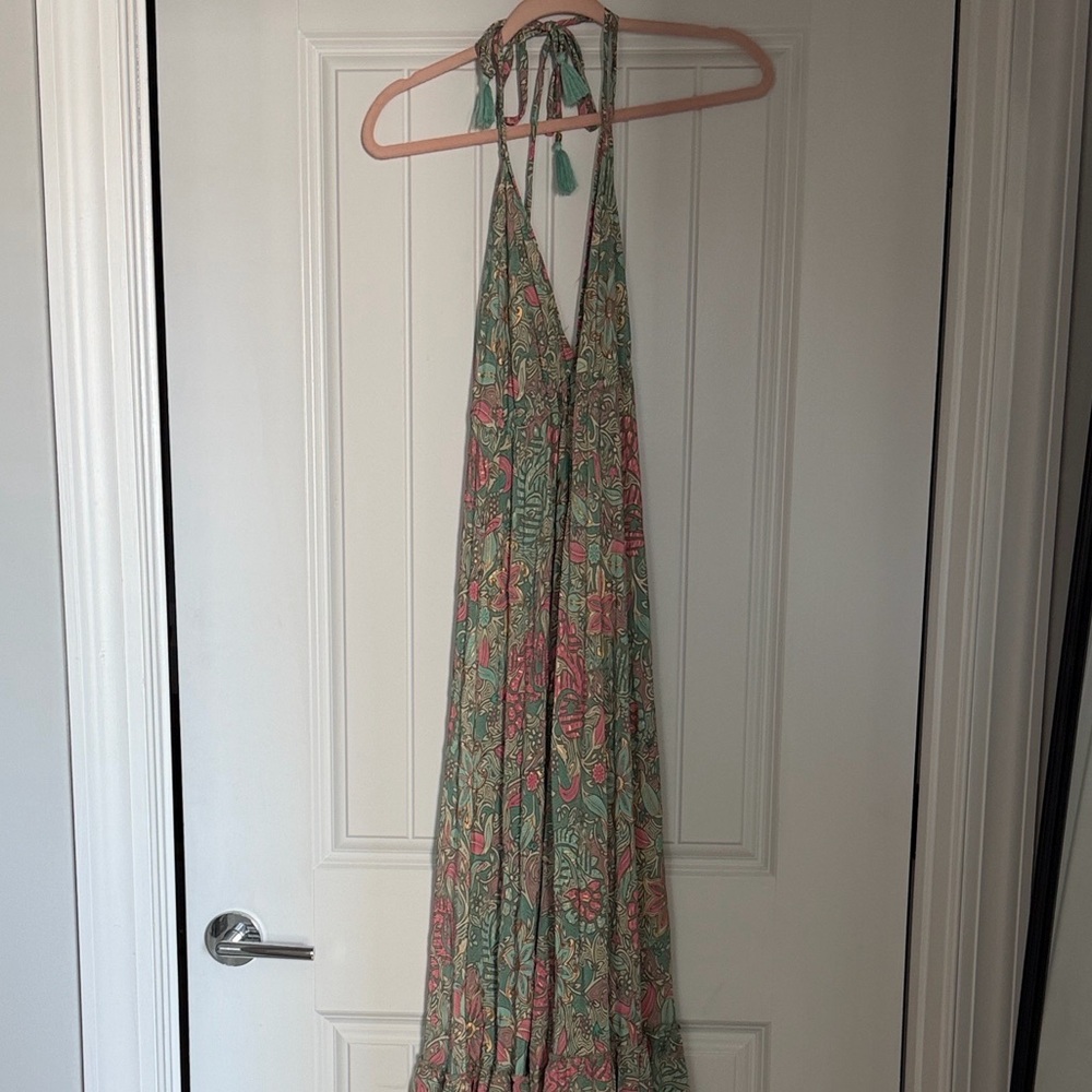 Floral Halter Maxi Dress in Green and Pink
